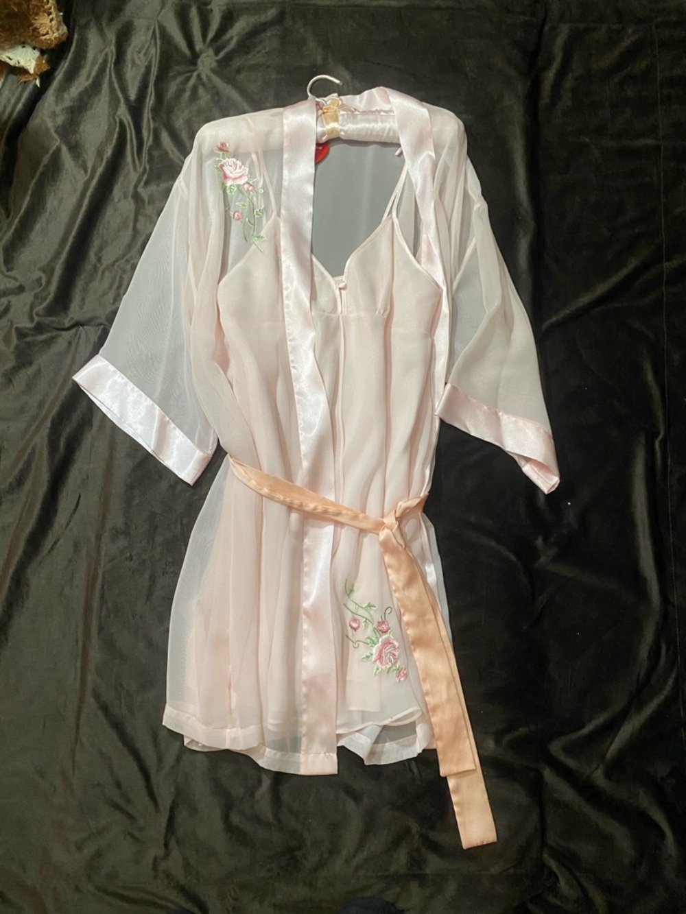 Sheer Pink Embroidered 2-Piece Robe & Slip Set with hanger